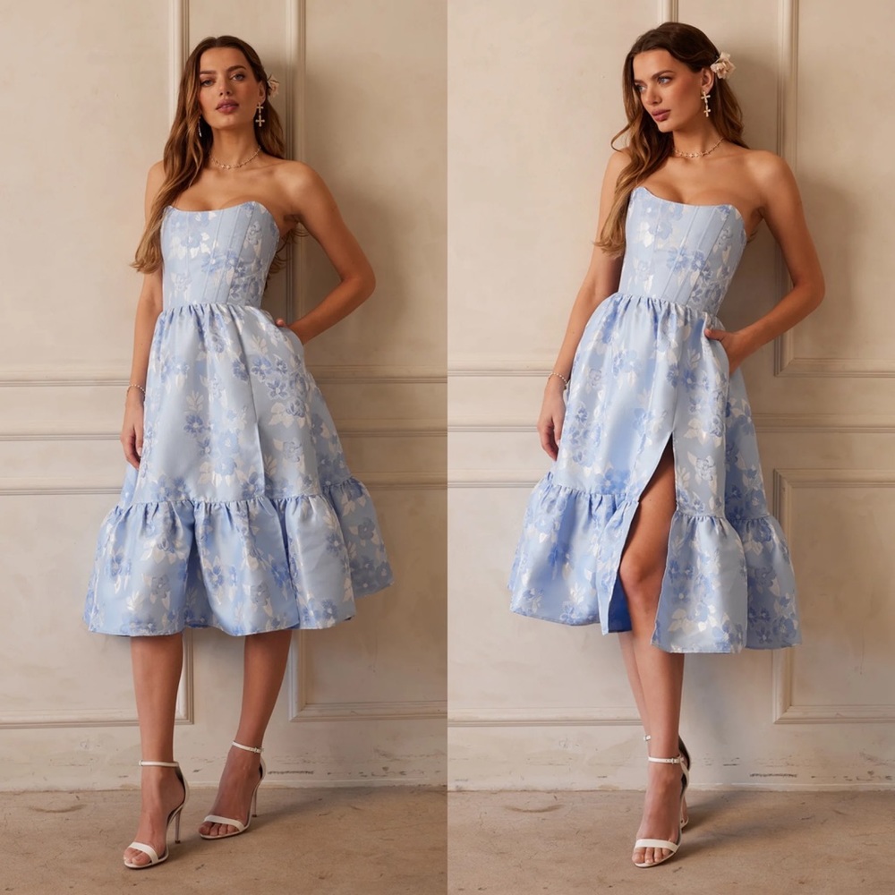 V. Chapman Virginia Chambray Blue Baroque Midi Dress Size 6 Corset Wedding Guest - Picture 13 of 13